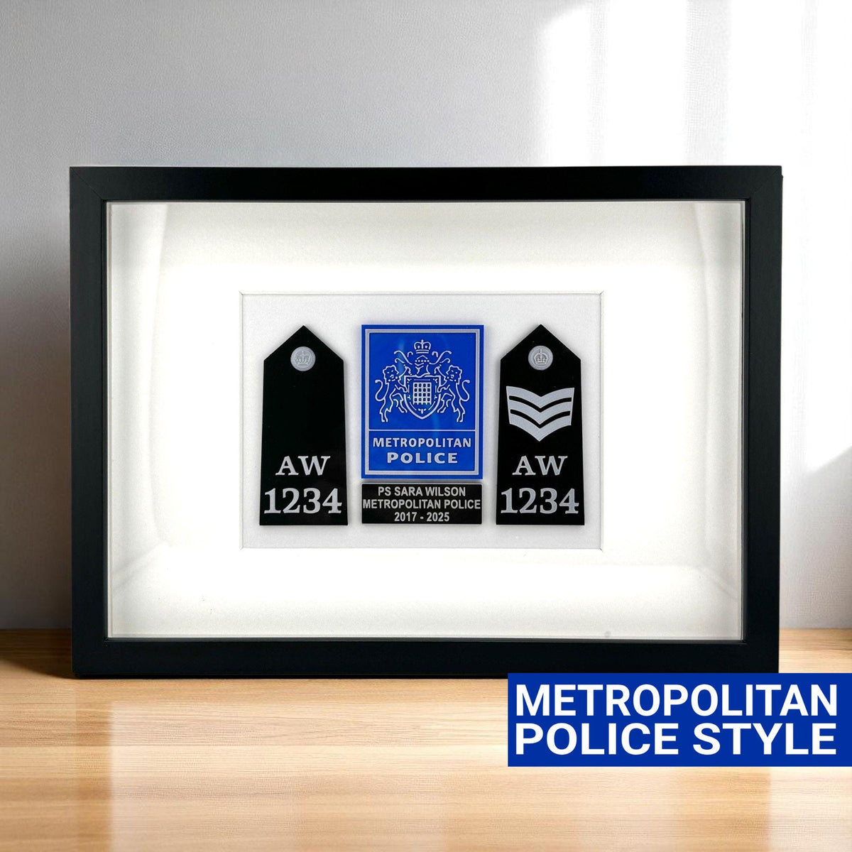 Metropolitan Police Officer Frame Gift - Custom MET Style Badge and Two Rank Epaulettes Display